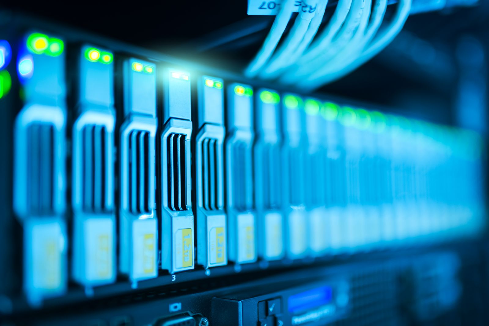 Close-up of rack equipment with status LEDs